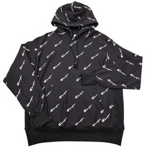 Champion Reverse Weave Hoodie Black All Over Print AOP Logo Mens Large S2974